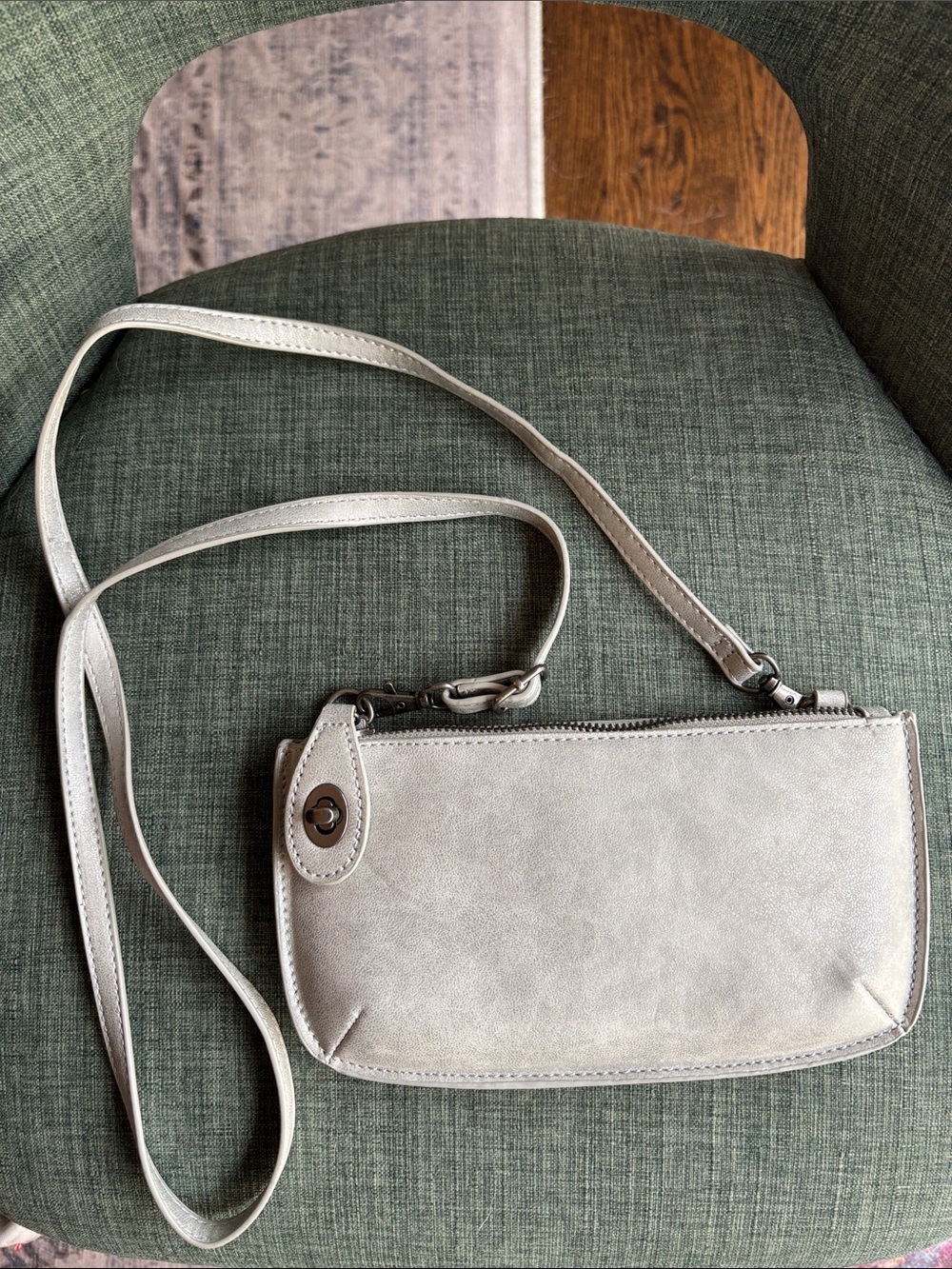 Joy Susan mini Crossbody wristlet clutch silver metallic neutral purse bag Women